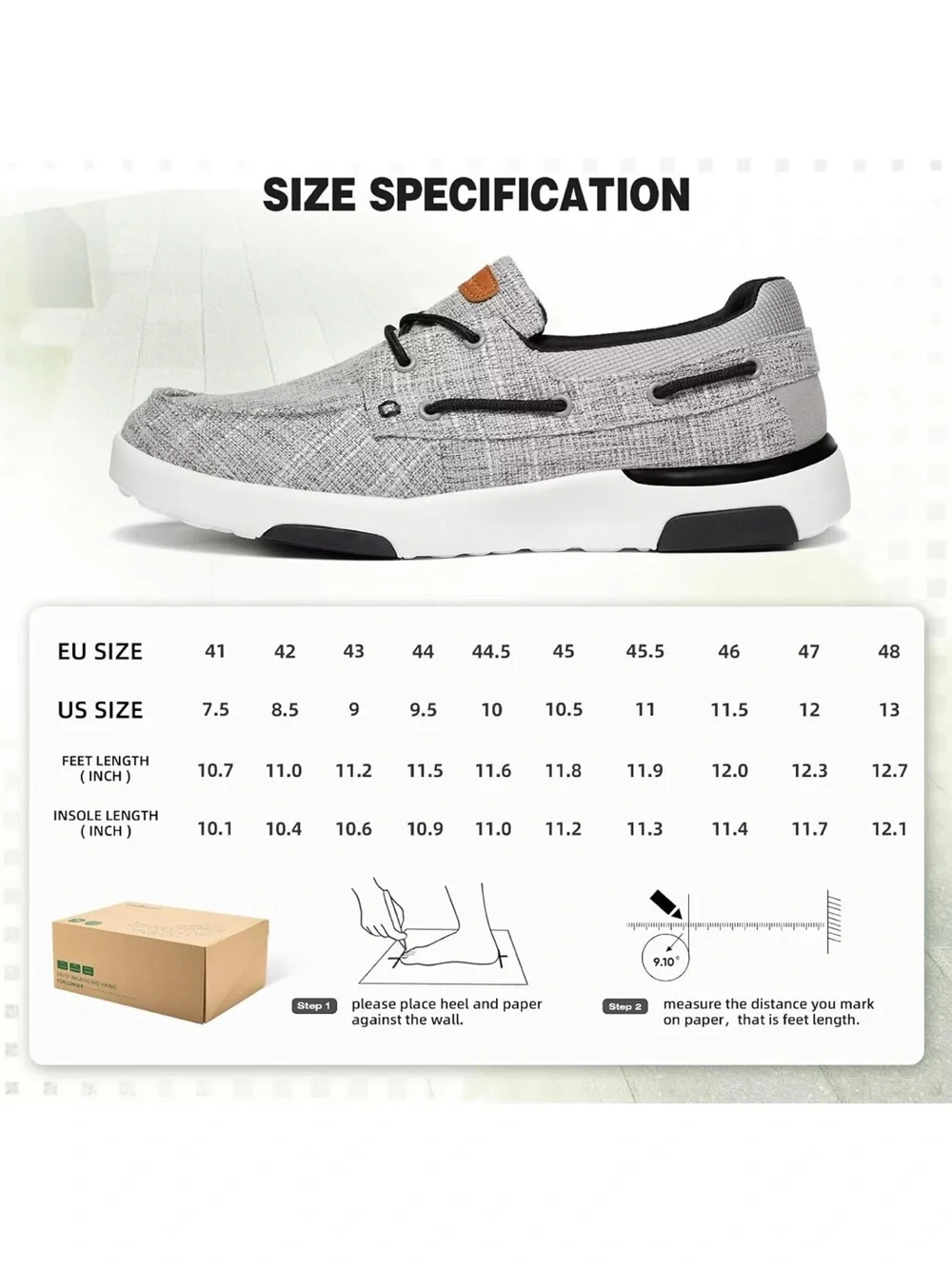 Light Gray Men's Slip-On Boat Shoe with Cushioned White Sole, Size 46 (11.5 US)
